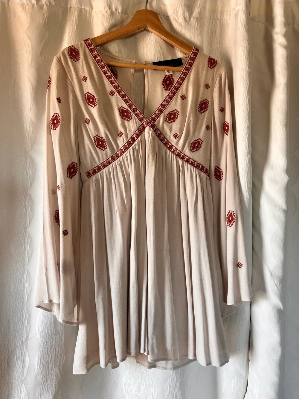 Blue Rain Cream Top with Red Embroidered Detail
